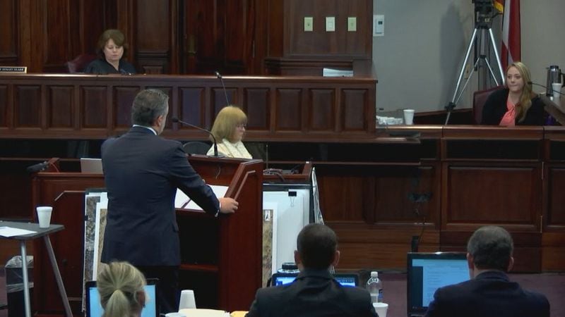 Leanna Taylor, the ex-wife of Justin Ross Harris, is questioned by Harris' attorney Maddox Kilgore during Harris' murder trial at the Glynn County Courthouse in Brunswick, Ga., on Monday, Oct. 31, 2016. (screen capture via WSB-TV)
