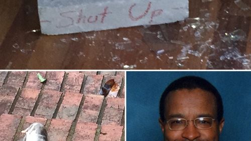 This collage, top, shows a brick thrown through a window at Elvin “E.R.” Mitchell Jr.’s home in southwest Atlanta in September 2015, Mitchell, right, and one of the dead rats left at his home in September 2015. SPECIAL