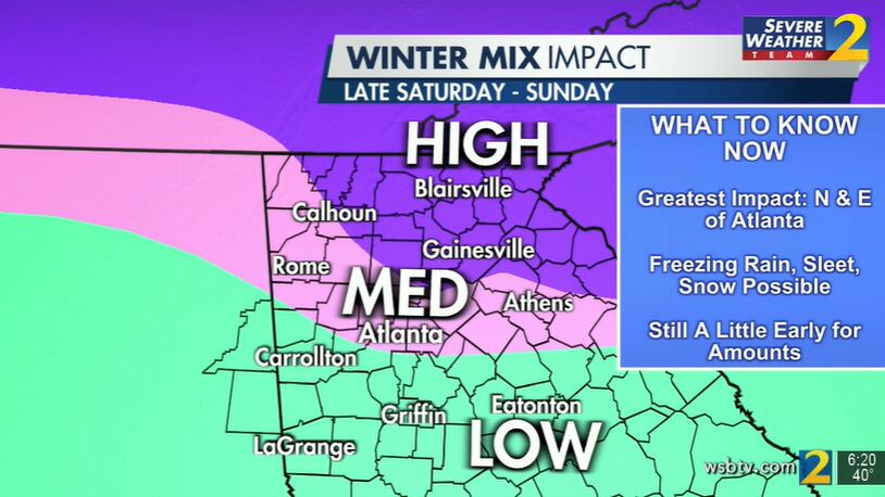 According to Channel 2 Action News, parts of North Georgia north of Atlanta are at high risk of a wintry mix this weekend. The city has a medium risk of frozen precipitation, while areas to the south will likely just see rain.