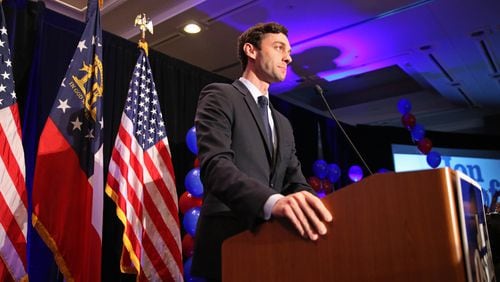 Democrat Jon Ossoff delivers his concession speech in Georgia's 6th District race. PHOTO / JASON GETZ
