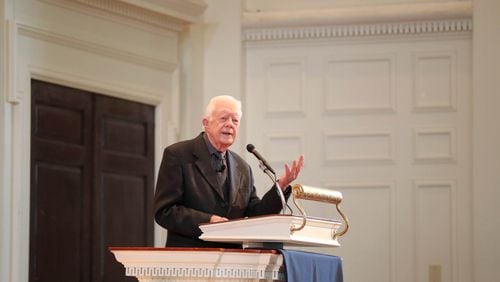 Former President Jimmy Carter delivers his annual lecture in Glenn Memorial Auditorium at Emory University Thursday, April 6, 2016, in Atlanta.