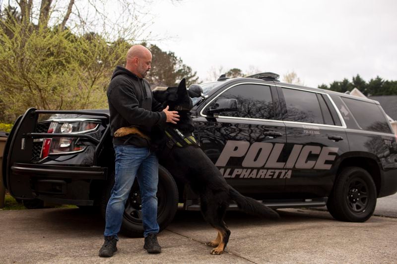 Sgt. Mark Tappan and retired police K-9 Mattis play in the front yard of Sgt. Tappan’s house in Alpharetta, Georgia, on Friday, March 19, 2021. Mattis, former Alpharetta Police K-9 with a huge following on Instagram, retired this week after joining the service in 2015 and assisting with more than 200 arrests. (Rebecca Wright for the Atlanta Journal-Constitution)