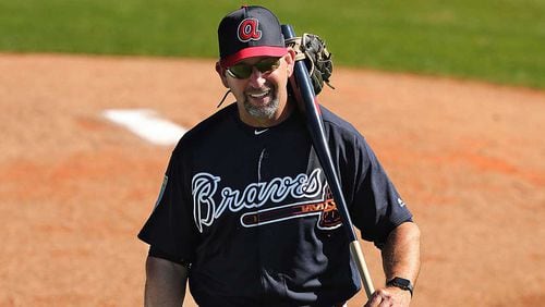 Hi-ho, hi-ho, it's off to work for Braves bench coach Walt Weiss, and a few tools of the trade. (Curtis Compton/ccompton@ajc.com)