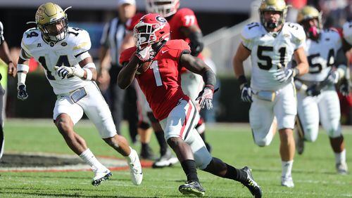 Georgia tailback Sony Michel breaks free for a long gain against Georgia Tech during the first half of last season's game in Athens. (Curtis Compton/ccompton@ajc.com)