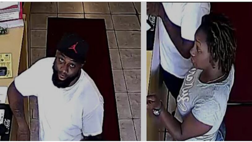 Gwinnett County police are trying to identify a male suspect (left) that allegedly used a stolen credit card and took a $3,000 check from a restaurant. The department is also trying to identify a woman (right) that was with the male suspect.