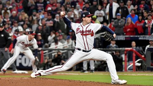 Braves relief pitcher Kyle Wright delivers to a Houston Astros batter during the fifth inning in Game 4 of the World Series at Truist Park, Saturday October 30, 2021, in Atlanta. Hyosub Shin / Hyosub.Shin@ajc.com