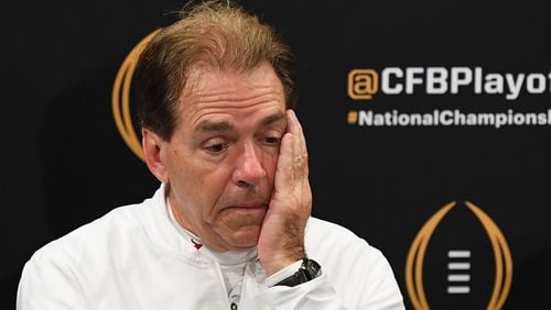 Alabama head coach Nick Saban takes a moment during the press conference after the Tide's 44-16 loss to the Clemson in the CFP National Championship Jan. 7, 2019, in Santa Clara, Calif.