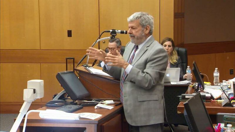 Defense attorney Don Samuel cross-examines Arthur Waggoner, the head of valet parking at Emory Hospital at Clifton Road. Waggoner testified during the murder trial of Tex McIver on March 15, 2018 at the Fulton County Courthouse. (Channel 2 Action News)
