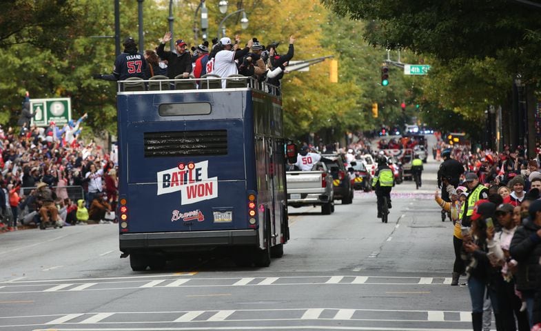 The Braves' World Series parade makes its way through Midtown Atlanta, Georgia, on Friday, Nov. 5, 2021. (Photo/Austin Steele for the Atlanta Journal Constitution)