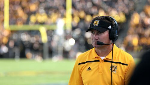 September 12, 2015 - Kennesaw, Ga: Kennesaw State University head coach Brian Bohannon is shown on the sideline in the third quarter of their game against Edward Waters at Fifth Third Bank Stadium, Saturday, September 12, 2015, in Kennesaw, Ga.. KSU won 58-7. This is the first home game of KSU's inaugural football season. PHOTO / JASON GETZ