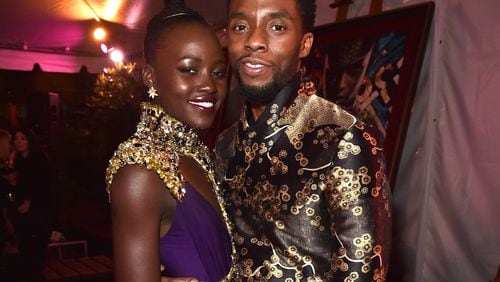 Lupita Nyong'o and Chadwick Boseman at the Hollywood premiere of "Black Panther." Photo by Alberto E. Rodriguez/Getty Images for Disney