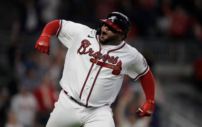 Atlanta Braves' Pablo Sandoval celebrates after hitting a two-run home run in the ninth inning of a baseball game against the Philadelphia Phillies, Saturday, May 8, 2021, in Atlanta. (AP Photo/Ben Margot)
