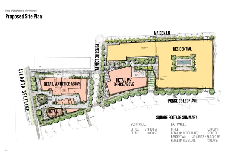 This was a preliminary site plan of Portman Holding's Ponce & Ponce project along Ponce de Leon Avenue in Virginia-Highland. The project will be redesigned after Portman decided to not buy the eastern properties, which were slated for the residential building.
