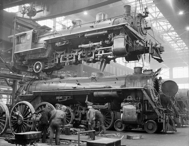 These two steam locomotives are being overhauled at the Pegram Shops in Atlanta in this photo from the 1940s. The photo is par of the railroad archive at the Atlanta History Center. Photo Kenneth Rogers