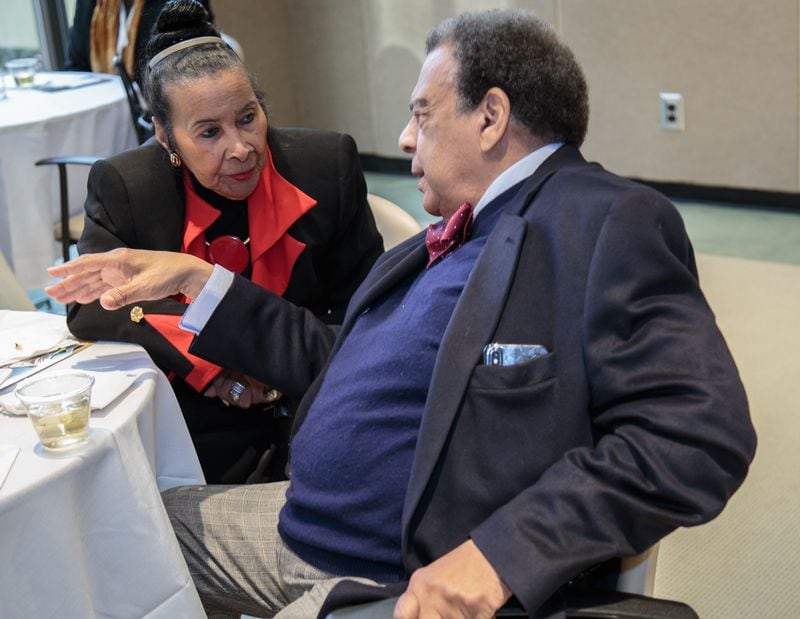Xernona Clayton (L) and Andrew J. Young talk before the start of a panel discussion, honoring the 50 year anniversary of Martin Luther King‘s assassination. STEVE SCHAEFER / SPECIAL TO THE AJC