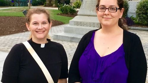 Sara Patenaude (right), an historian and PhD candidate at Georgia State University, and Hannah Hill who co-pastors The Church of Mary Magdalene in Decatur, initially organized a “conversation” regarding the Decatur Civil War monument (background) on Aug. 19. Their concerns have since evolved into a movement called “Hate Free Decatur,” which is hosting a two-hour march Sunday, Sept 10. Bill Banks file photo for the AJC