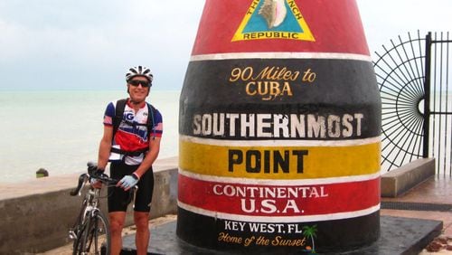 Glenn Hirsch, 67, will complete a circumnavigation of the contiguous U.S. on his bicycle this month. Here he is seen during part of the East Coast leg of the trip. CONTRIBUTED BY LYNN HIRSCH