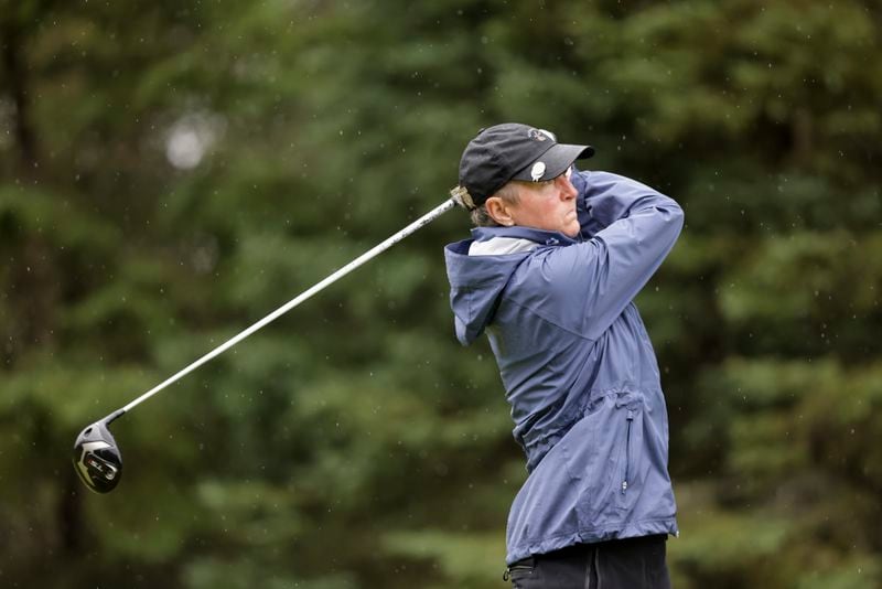 Ellen Weaver tees off on the 17th hole during her round of 64 against Laura Webb at the 2022 U.S. Senior Women's Amateur at Anchorage Golf Course in Anchorage, Alaska, on Aug. 1. (Steven Gibbons/USGA)