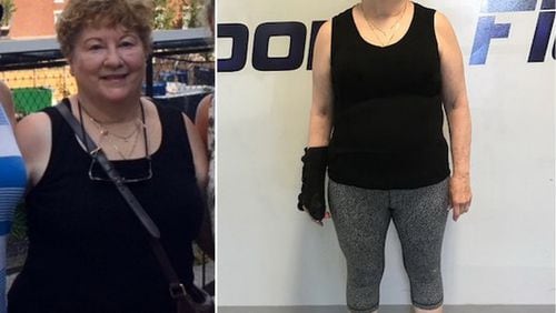 Patricia Dame weighed 195 pounds when the photo on the left was taken in July. In the photo on the right, taken in April, she weighed 157 pounds. (All photos contributed by Patricia Dame).
