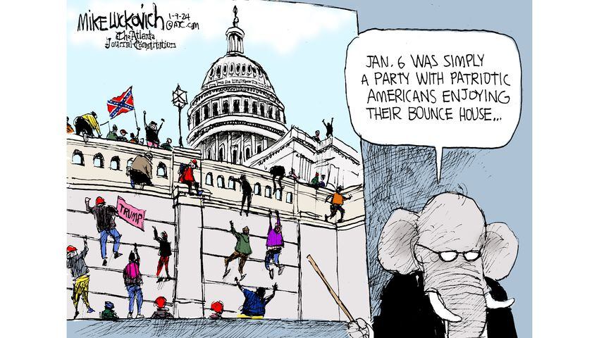 GOP Elephant stands before a poster of Janury 6 rioters storming the Capitol saying, 