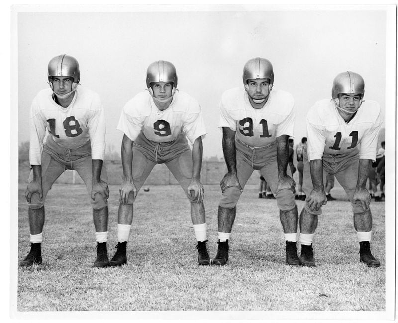 A 1952 photo of Georgia Tech’s starting backfield from its SEC and Sugar Bowl champion team that finished 12-0 and was named national champion by the International News Service. From left to right, quarterback Bill Brigman, halfback Billy Teas, fullback Glen Turner and halfback Leon Hardeman. (Georgia Tech Archives)