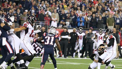 October 22, 2017 Foxborough: Falcons kicker Matt Bryant has his field goal attempt blocked by the Patriots during the first half in a NFL football game on Sunday, October 22, 2017, in Foxborough.   Curtis Compton/ccompton@ajc.com