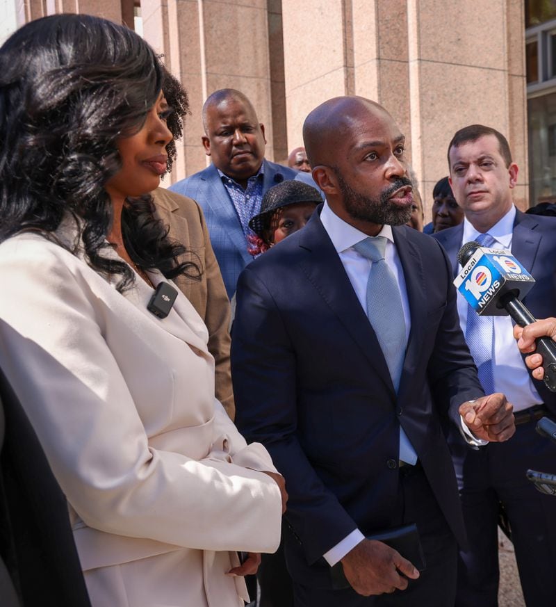 Attorney Alphonso David, gives a statement as Fearless Fund co-founder Arian Simone, CEO, left, and others participate in the press conference after appearing in federal court at the James Lawrence King Federal Justice Building in Miami, Florida, on Wednesday, Jan. 31, 2024. 