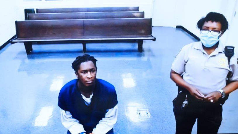 Atlanta rapper Young Thug, whose real name is Jeffery Williams, awaits a virtual appearance before a Fulton County Magistrate judge on Tuesday, May 10, 2022. (Arvin Temkar / arvin.temkar@ajc.com)