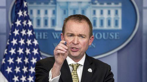 White House budget director Mick Mulvaney speaks at the White House in March. He said recently that Barack Obama, Hillary Clinton and Chuch Schumer had voted in favor of a wall along the U.S.Mexico border. (AP Photo/Andrew Harnik, file)