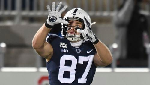 Penn State tight end Pat Freiermuth (87) looks for a pass during warmups before  game against Ohio State Oct. 31, 2020, in State College, Pa. The Buckeyes won 38-25. (Barry Reeger/AP)