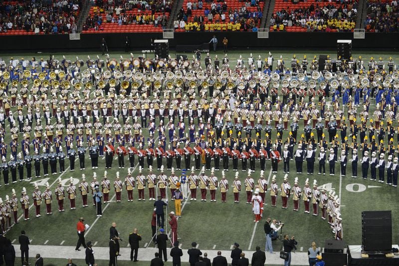 A mass formation of the bands plays Lift Every Voice and Sing, just before playing the National Anthem during the 11th Honda Battle of the Bands in the Georgia Dome Saturday, January 26 2013. Featured Bands: Albany State, Alcorn State, Bethune-Cookman College, Edward Waters College, Jackson State, North Carolina A&T, Tennessee State and Winston-Salem State.