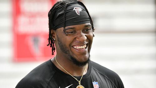 DeMarcco Hellams smiles as he answers questions from members of the press after rookie minicamp at Atlanta Falcons Training Facility, Friday, May 12, 2023, in Flowery Branch. (Hyosub Shin / Hyosub.Shin@ajc.com)