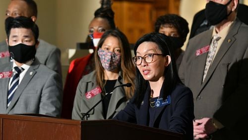 State Sen. Michelle Au speaks during a press conference several lawmakers held Thursday at the Georgia Capitol to condemn violence against Asian Americans. (Hyosub Shin / Hyosub.Shin@ajc.com)