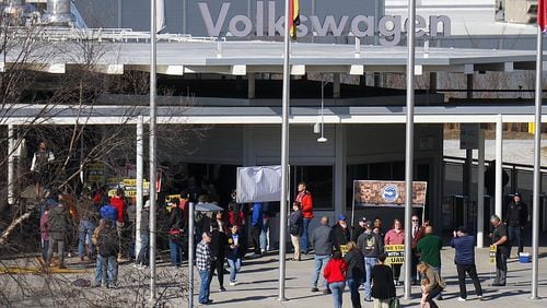 FILE: A group gathers outside of Volkswagen Chattanooga with United Auto Workers signs last December. (Photo Courtesy of Olivia Ross)