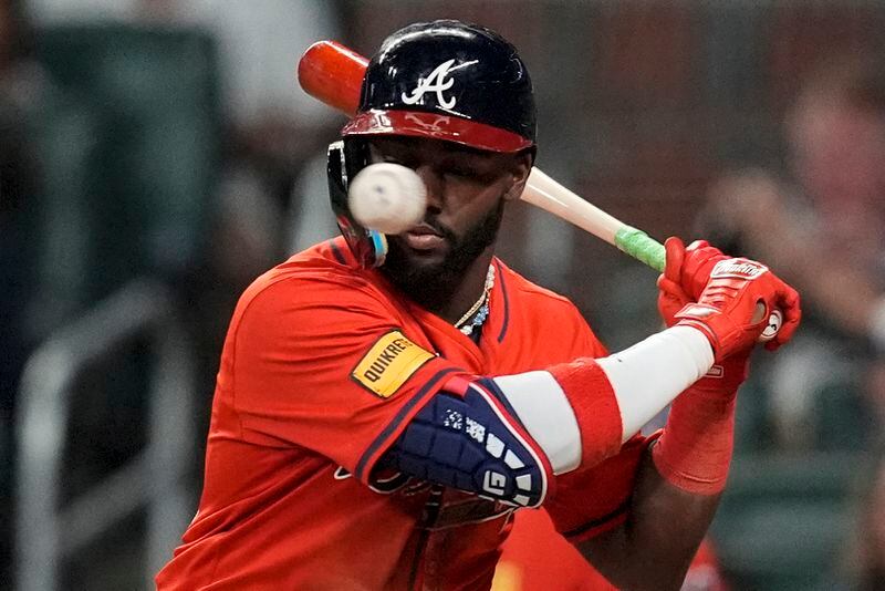 Atlanta Braves outfielder Michael Harris II (23) works at bat against the Cleveland Guardians during the eighth inning of a baseball game, Friday, April 26, 2024, in Atlanta. (AP Photo/Mike Stewart)