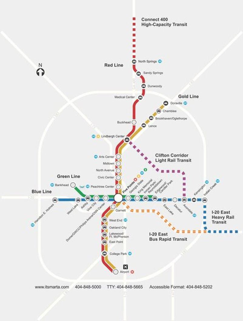 A MARTA expansion map shows potential options for the rail line to grow in DeKalb and Fulton counties.