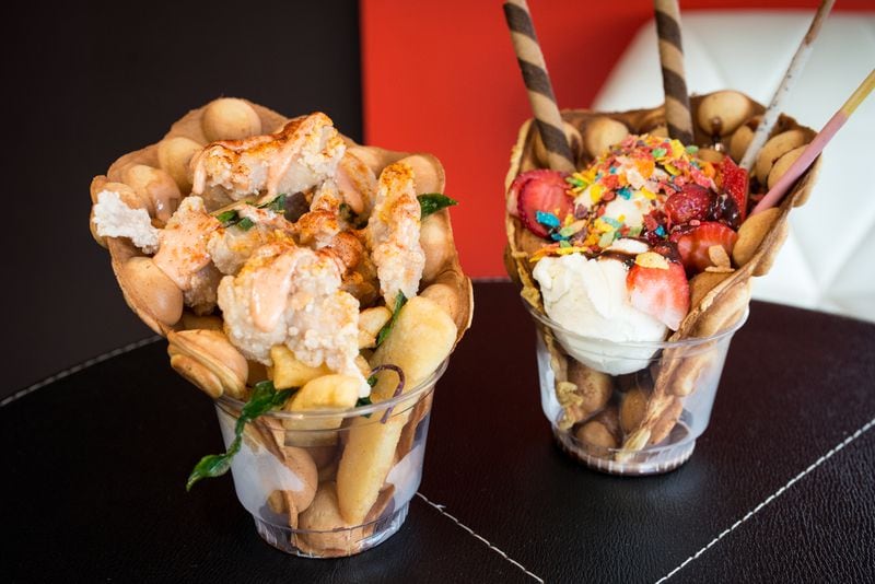  Boba Bee Savory Chicken and Waffle cone and Egg Waffle Cone with scoop of Vanilla ice cream and toppings. / Photo credit- Mia Yakel.