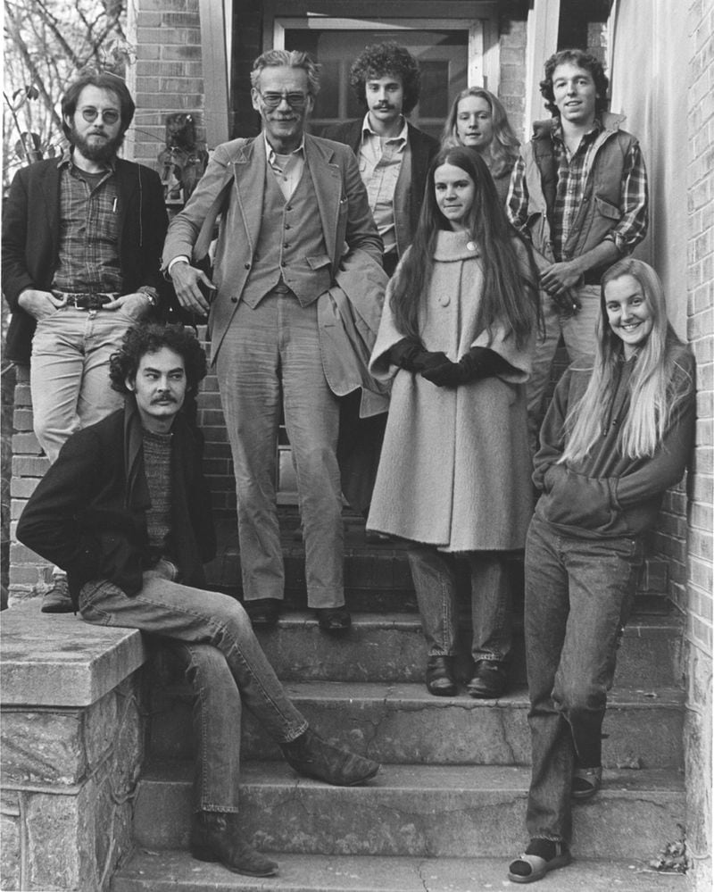 Tom Patterson with poet Joel Oppenheimer and other friends on the steps of Seventy-four Thirteenth Street, Atlanta, in 1979. Clockwise from top left, Patterson, Oppenheimer, Steve Allgood, Ellen Thompson, Steve Fox, Jean McRae (middle step in long coat), Melissa Tufts and Charles Wrenn Jr. aka Chip. The photo was taken following Oppenheimer's Atlanta reading sponsored by Pynyon Press. Photo by Tony Ridings.