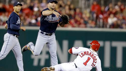 Atlanta Braves second baseman Dan Uggla throws to first base to complete the double play after getting the out on Washington Nationals' Stephen Lombardozzi (1) at second base, with shortstop Andrelton Simmons, at left, during the fourth inning of the second MLB National League baseball game of a doubleheader at Nationals Park Tuesday, Sept. 17, 2013, in Washington.