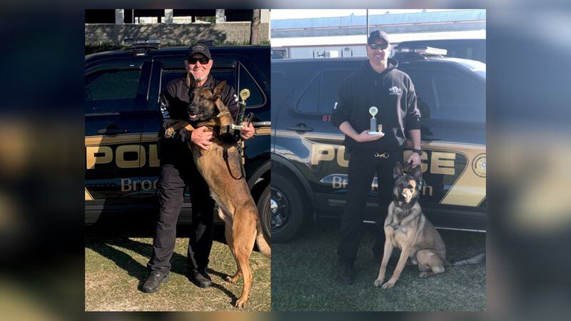 Officer Trent Williams and K-9 Spock (left) along with Sgt. David Fikes and K-9 Bane (right).
