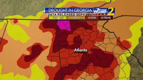 Additional parts of metro Atlanta areas were experiencing an extreme drought as of Thursday. The pink area indicates exceptional drought. (Credit: Channel 2 Action News)