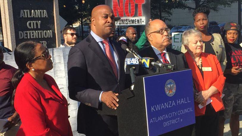 Atlanta City Councilman Kwanza Hall and state Sen. Vincent Fort at a Friday rally for changes in marijuana possession laws in Atlanta. The Council on Monday unanimously passed legislation cutting fees, eliminating jail time for possessing an ounce or less of marijuana in the city. LEON STAFFORD/AJC