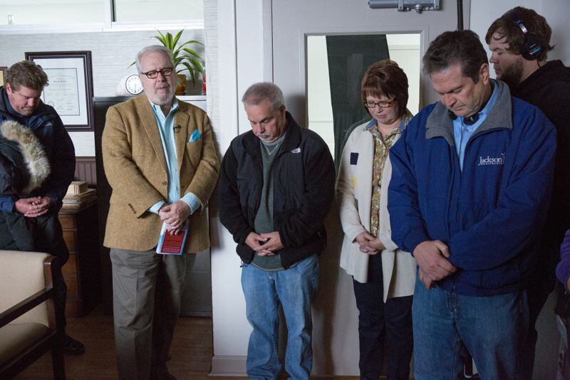  Rick Jackson, right, in the blue jacket, joins the cast and crew on the first day of filming for “90 Minutes in Heaven.” Photo: Quantrell Colbert
