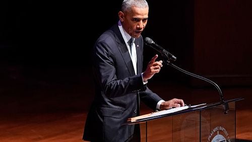 Former U.S. President Barack Obama speaks Oct. 25, 2019 during funeral services for late U.S. Rep. Elijah Cummings (D-MD). Obama is scheduled to visit Atlanta on Nov. 20 for the Greenbuild environmental conference.