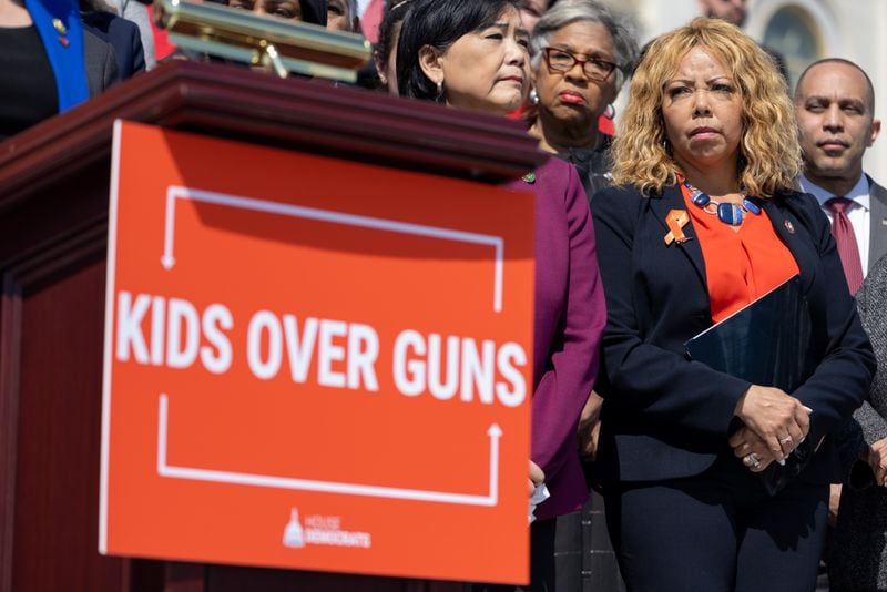 Congresswoman Lucy McBath (D-GA) is seen wearing an anti-assault rifle pin at a House Democratic press conference on gun violence on March 29th, 2023 in Washington, DC. (Nathan Posner for the Atlanta Journal-Constitution)