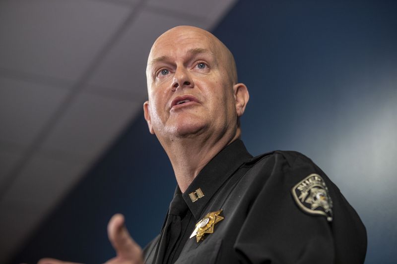 03/17/2021 —Atlanta, Georgia — Captain Jay Baker of the Cherokee County Sheriff’s Office makes remarks during a press conference at the Atlanta Police Department Headquarters in Atlanta, Wednesday, March 17, 2021.  (Alyssa Pointer / Alyssa.Pointer@ajc.com)