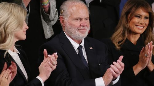 Radio personality Rush Limbaugh and wife Kathryn, left, attend the State of the Union address with first lady Melania Trump in the chamber of the U.S. House of Representatives on February 4, 2020 in Washington, D.C. (Mario Tama/Getty Images/TNS)