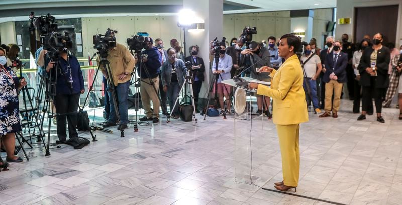 Atlanta Mayor Keisha Lance Bottoms holds a press conference Friday, May 7, 2021 at Atlanta City Hall about her decision not to run for a second term. (John Spink / John.Spink@ajc.com)
