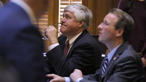 Mar. 1 2017 - Atlanta - Senate Majority Leader Bill Cowsert, R-Athens, who sponsored SB 1, watches the votes come in. The Georgia Senate backed a measure Wednesday that broadly rewrites the state’s domestic terrorism law, giving the state attorney general more power to prosecute alleged terrorists and creating a separate Homeland Security agency. The 27th legislative day of the 2017 Georgia General Assembly. BOB ANDRES /BANDRES@AJC.COM