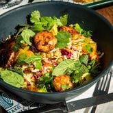 Cabbage and Crispy Rice Salad with blackened shrimp at Breaker Breaker. (Courtesy of Justin Dombrowski and Naomi B. Smith)